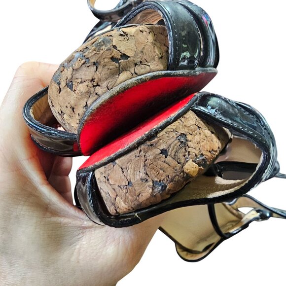 Christian Louboutin Black Patent Leather Cork Peep-Toe Stilettos Heels size 38.5 - Picture 6 of 12